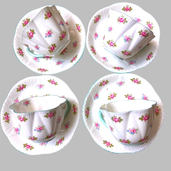 Shelley Vtg Rosebud Tea Set Fine Bone For Four Teapot Cups Dessert Plates - Picture 3 of 9